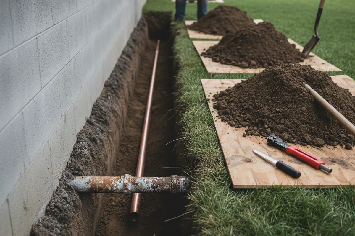 Excavated water line trench during Water Heater Repair in Hebron